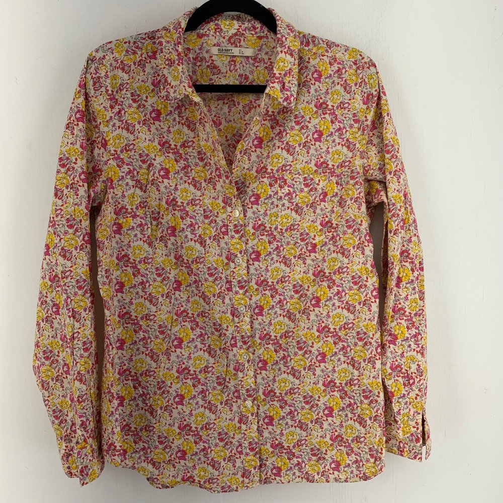 Old Navy Womens Large Ditsy Floral Cotton Long Cottage Boho Prairie Shirt